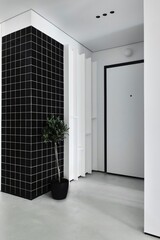 This entrance features a modern minimalist design with stylish elements for a contemporary look