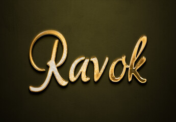 Old gold text effect of futuristic name Ravok with 3D glossy style Mockup.