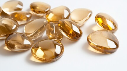 Shiny, gold-colored fake stones that look like jewelry. They're close up on a white background.