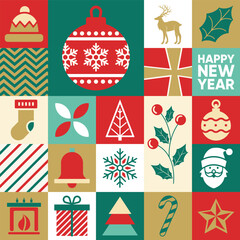 Christmas seamless pattern. Design of a postcard for the New Year holidays. Santa hat, gifts, snowman, snowflakes, ornaments and Christmas trees. Christmas vector background.