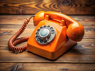Vintage Orange Telephone on a Wooden Table with a Soft Focus Background for Retro Aesthetic Appeal