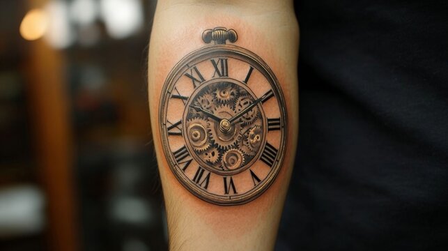 Intricate clock tattoo on forearm.
