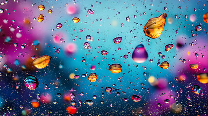 Colorful water droplets on a window pane against a blue sky