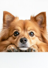 Obraz premium Fluffy Dog Resting Its Chin on a Table, Looking Adorably Hopeful