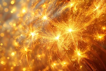 Vibrant Fireworks in the Glowing Night Sky Warm Golden Abstract Digital Art