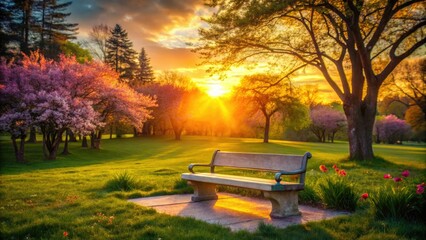 Obraz premium A solitary marble bench rests in a vibrant park, bathed in golden sunset light, surrounded by blooming flowers, creating a tranquil springtime atmosphere.