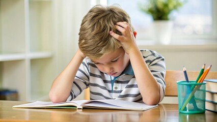 A young boy holds his head in frustration while struggling to focus on his homework at a desk, appearing overwhelmed.
