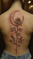 Tattoo of a crescent moon with a rose.