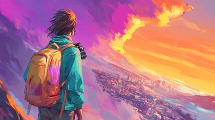 Fototapeta premium A traveler gazes at a vibrant sunset over a cityscape, evoking a sense of adventure.