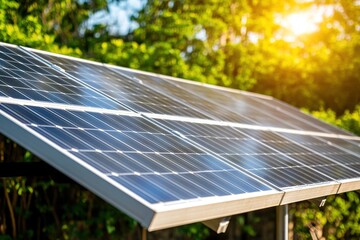Fototapeta premium Solar panels on a rooftop, bright sunlight, modern sustainable home setting.