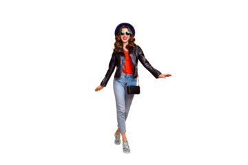 Full body photo of cute pretty girl walking with her friends on spring holidays wear modern black leather jacket denim jeans isolated over yellow color background