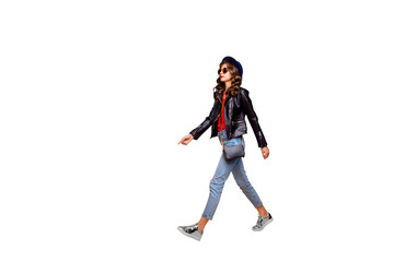 Full length profile side photo of focused gorgeous girl walk on stroll wear black leather jacket denim jeans isolated over yellow color background