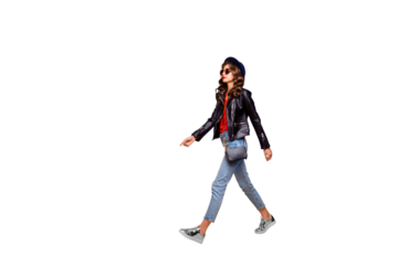 Full length profile side photo of focused gorgeous girl walk on stroll wear black leather jacket denim jeans isolated over yellow color background