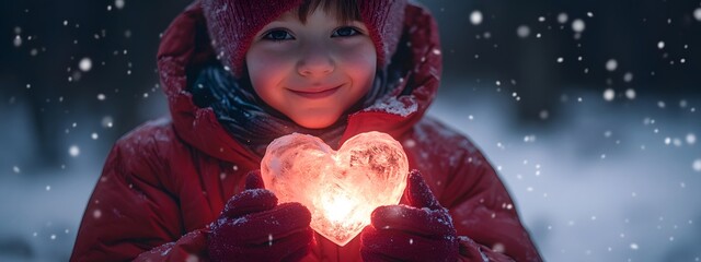 A young boy in a red winter jacket holds a glowing heart, set against a snowy background