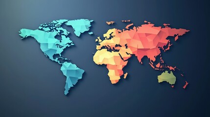 A stylized, geometric world map in vibrant colors representing different regions.