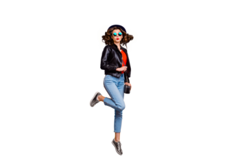 Full length photo of cute charming girl jump send air kiss on her journey attract men wear black leather jacket denim jeans isolated over yellow color background