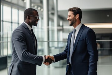 African businessmen shaking hands standing smiling office.