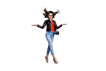 Full size photo of excited girl show ads enjoy walk jump wear black leather jacket denim jeans...