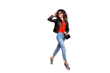 Full length photo of cheerful girl have stroll fun with her friends on spring free time wear good modern look denim jeans isolated over yellow color background