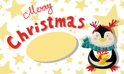 Merry christmas template with cute penguin and stars. Clipart image. New Years Holidays card on a white background.