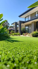Beautiful home with a modern front yard design featuring artificial grass, a pebble edge, and tropical plants