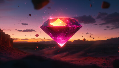 Fototapeta premium floating red and raw diamond suspended in the air above a desert landscape at night