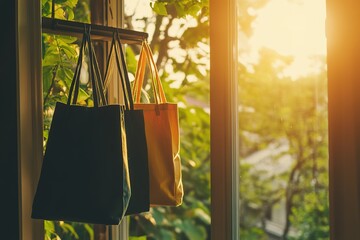Cloth shopping bags hanging on a kitchen wall, natural sunlight, minimalist eco-friendly home.