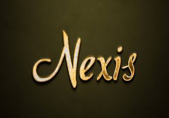 Old gold text effect of futuristic name Nexis with 3D glossy style Mockup.
