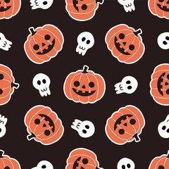 Obraz premium Halloween pattern with pumpkins and cute skulls on black background. Fun Halloween design for holiday decorations, wrapping paper. Vector seamless pattern for Halloween.