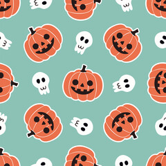 Halloween pattern with smiling jack-o'-lantern pumpkins and cute skulls on teal background. Fun Halloween design for holiday decorations, wrapping paper. Retro vector seamless pattern for Halloween.