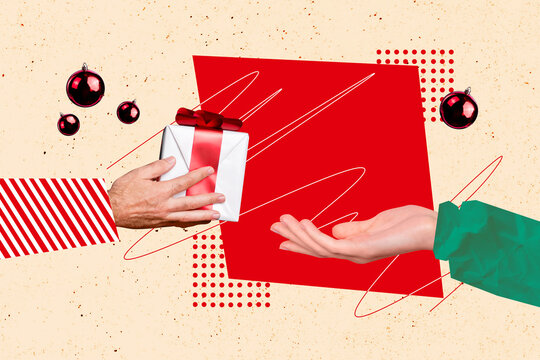 Creative picture collage hands body fragments give take receive present giftbox decoration xmas happy new year holiday drawing doodles