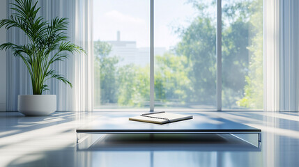 Modern metal coffee table with one closed journal and pen, placed near a large, open window in a bright, minimalist room