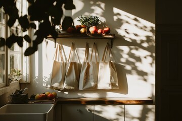 Cloth shopping bags hanging on a kitchen wall, natural sunlight, minimalist eco-friendly home.