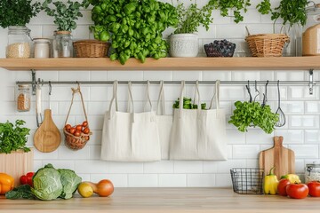 Cloth shopping bags hanging on a kitchen wall, natural sunlight, minimalist eco-friendly home.