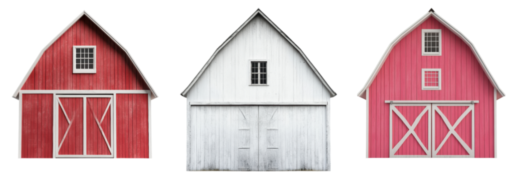 Red, white, and pink barns create charming rural scene isolated on a white background, transparent background.