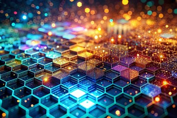 Obraz premium High-tech material. A close-up of a honeycomb pattern with multicolored lights, creating an abstract and futuristic design. The concept of development and technologies of the future.