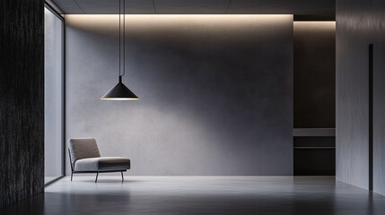Modern metal pendant light in an all-gray minimalist space, creating soft lighting contrast on the walls
