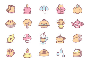 Kawaii cozy autumn icon set. Collection of cute hand drawn stickers (candle, sweater, umbrella, socks, pie etc.) isolated on a white background. Vector 10 EPS.