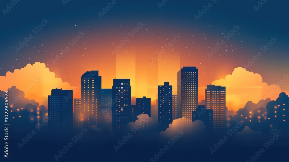 Sticker A vibrant city skyline at sunset, illuminated by warm colors and soft clouds.