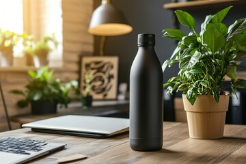 A reusable water bottle next to potted plants, soft light, environmentally-conscious office setting.