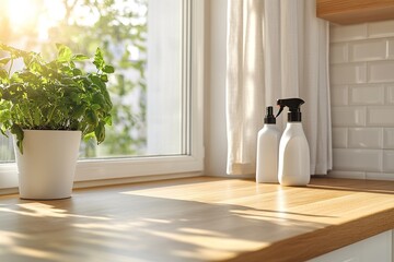 A close-up of eco-friendly cleaning products on a wooden counter, bright natural light, modern home.