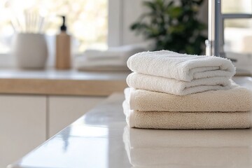 Organic cotton towels neatly folded on a bathroom counter, natural light, sustainable home setting.
