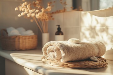 Organic cotton towels neatly folded on a bathroom counter, natural light, sustainable home setting.