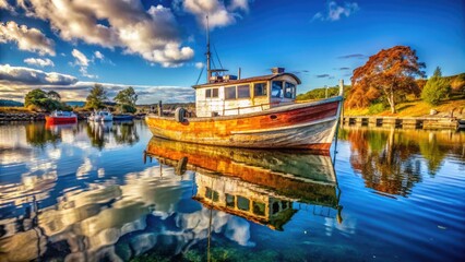 Fototapeta premium Weathered and Aged Used Boat Moored at Dock with Calm Water Reflections on a Sunny Day
