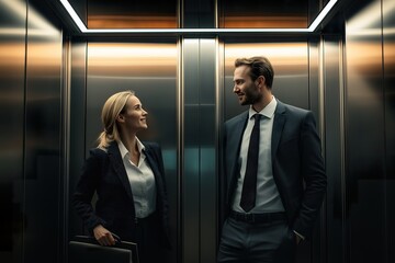 Two professionals share a lighthearted moment in an elevator on their way to a meeting, bringing smiles in the office rush hour