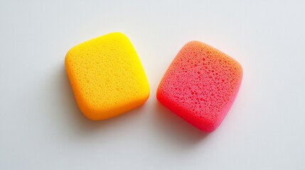 Two brightly colored makeup sponges, set against a plain white background.