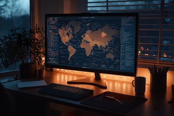 Naklejka premium A vibrant infographic illuminating global economic trends on a modern desktop, showcasing interconnected data visualizations while dusk settles
