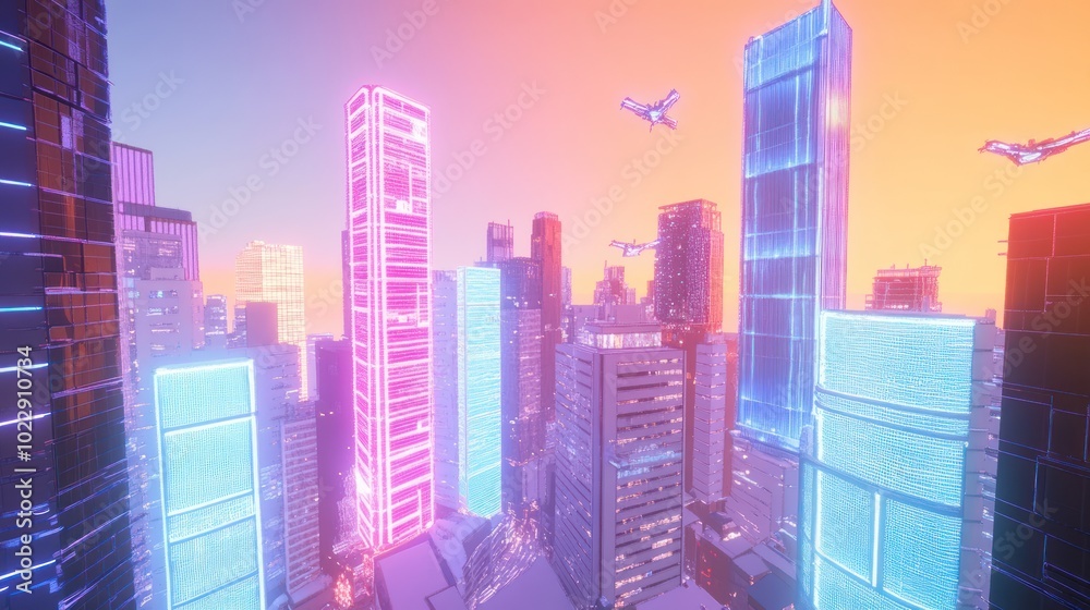 Poster A vibrant cityscape featuring futuristic skyscrapers and flying vehicles at sunset.