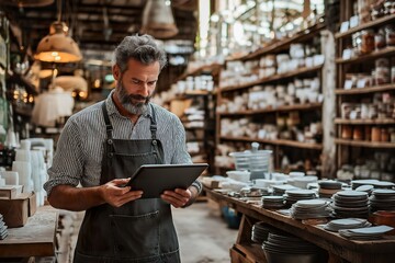 A dedicated small business owner utilizes a tablet to streamline operations in a vibrant workspace filled with handcrafted pottery and tableware