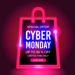 Cyber Monday neon banner sale. Cyber Monday neon background with 50 percent discount. Modern neon gift bag design. Vector illustration or shopping advertisement, retail sales and advertising campaign